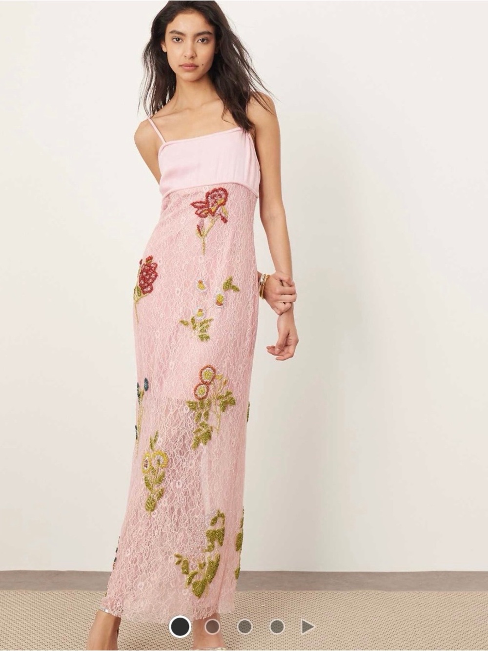 Pink Lace Maxi Dress with Floral Embroidery